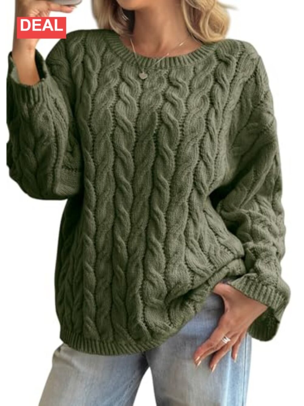 Cable Knit Sweater Oversized Loose Fit Long Sleeve Crewneck Pullover